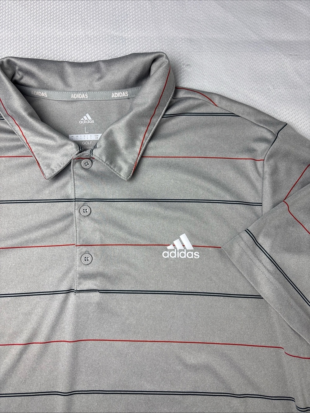 Adidas Golf Striped Polo Shirt Mens L Grey 2 Colored Stripes Collared UPF 50